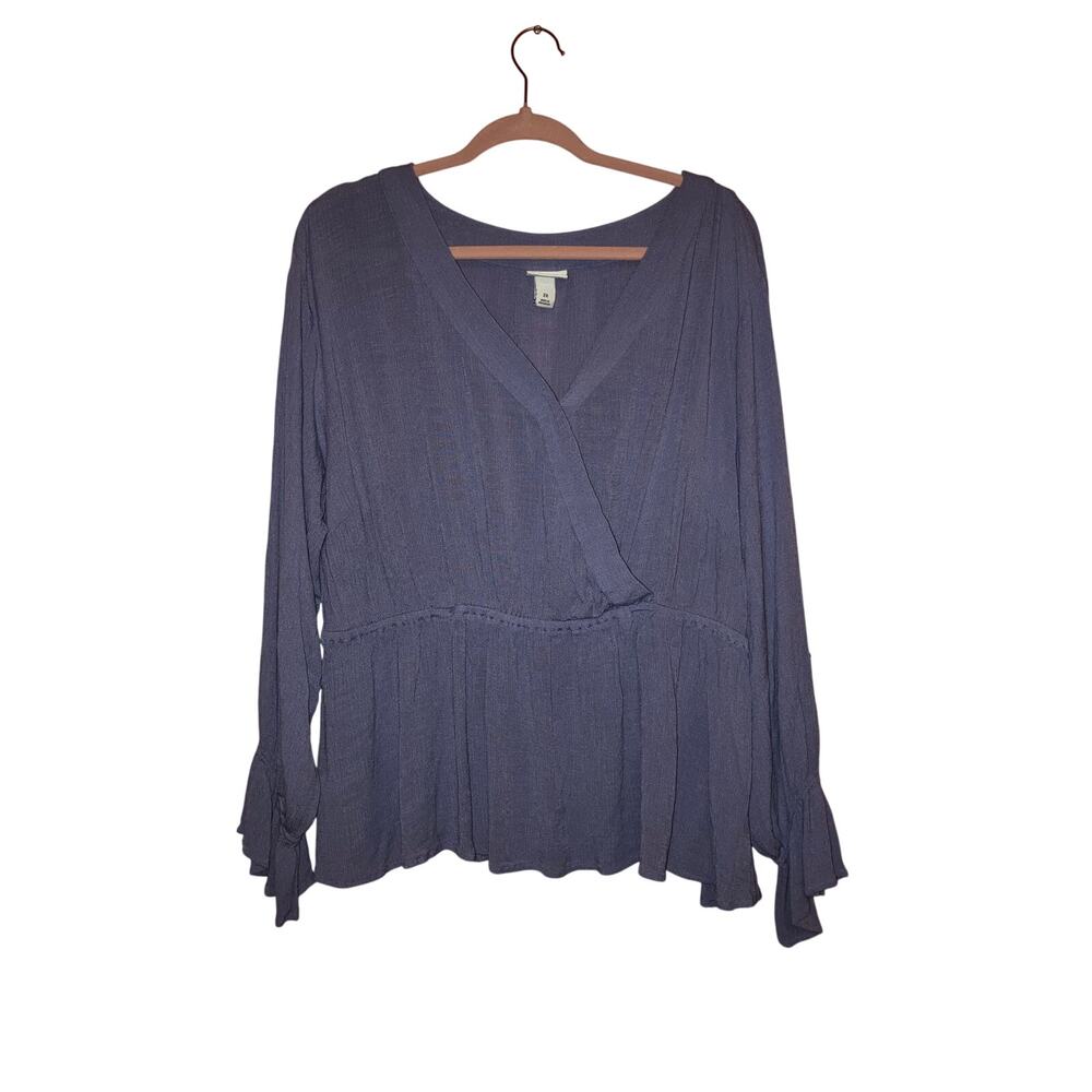 Bundle only AVA & VIV Rayon Violet  Wrap V-Neck Long Sleeve Ruffle Blouse